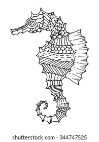 Cartoon, hand drawn, vector doodle illustration of seahorse. Motive of marine life