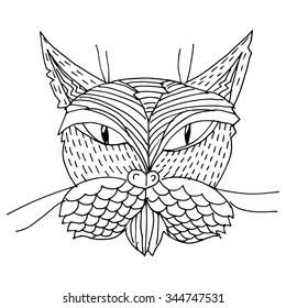 Cartoon, hand drawn, vector doodle illustration of cat. Motive of domestic life