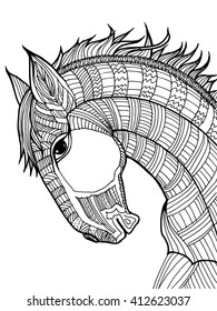 Cartoon, hand drawn, vector doodle illustration of horse. Motive of nature