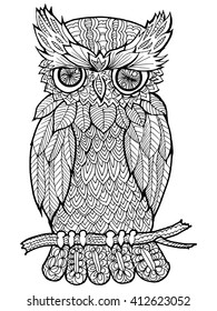 Decorative Owl Adult Antistress Coloring Page Stock Vector (Royalty ...