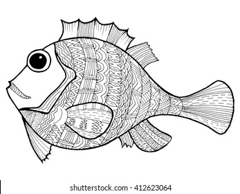 Cartoon, hand drawn, vector doodle illustration of fish. Motive of marine life