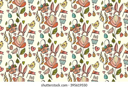 Cartoon hand drawn vector doodles on the subject Easter theme seamless pattern. Line art sketchy detailed, with lots of objects  bunny ears ,chicken, basket with Easter eggs in pastel colors.