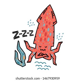 Cartoon hand drawn vector illustration with squid and lettering z-z-z! Great for posters or t-shirts design.