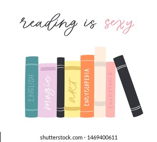 Cartoon hand drawn vector Illustration of books with calligraphy text. Lettering  quotes and drawing object for read lovers isolated on white background. Reading motivation for design, cards, posters