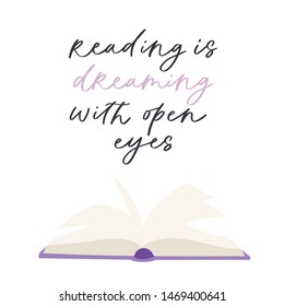 Cartoon hand drawn vector Illustration of books with calligraphy text. Lettering  quotes and drawing object for read lovers isolated on white background. Reading motivation for design, cards, posters