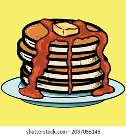 cartoon hand drawn vector illustration of pancakes with melted topping