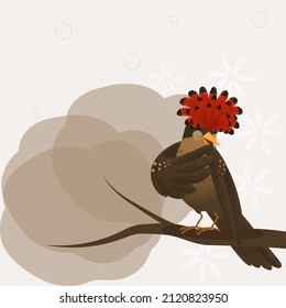 Cartoon hand drawn vector illustration of a laughing royal flycatcher bird on light background in flat style. 