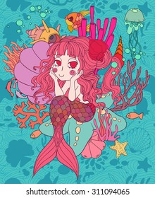 A cartoon hand drawn vector illustration of a cute little mermaid swimming underwater in the ocean with starfish and shell