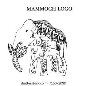 Cartoon, hand drawn, vector illustration Doodle dinosaurs. The motif of the Jurassic period. Mammoth. Anti-stress coloring for adults