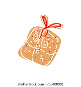 Cartoon hand drawn vector illustration of Gift box baked gingerbread cookie. Cute Christmas design element isolated on white 