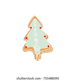 Cartoon hand drawn vector illustration of Christmas tree baked gingerbread cookie. Cute Christmas design element isolated on white 