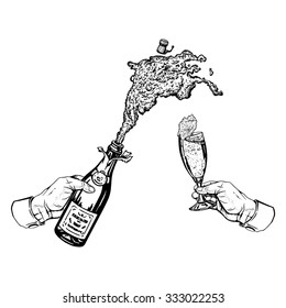 cartoon, hand drawn, vector, linear, sketch, illustration of bottle of champagne with foam in hand and glass in hand