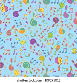 Cartoon hand drawn vector seamless pattern on the topic of music. Made in clear and cheerful tones.