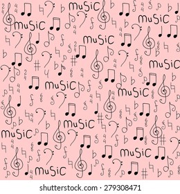Cartoon hand drawn vector seamless pattern on the topic of music. art
