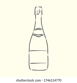 cartoon, hand drawn, vector, sketch, illustration of bottle of champagne and glasses of champagne. a bottle of champagne, vector sketch illustration