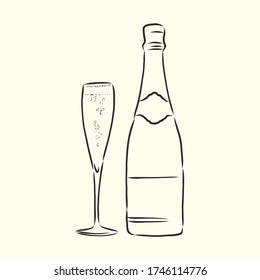 dibujos animados, dibujados a mano, vectores, boceto, ilustración de la botella de champán y vasos de champán. una botella de champán, dibujo vectorial