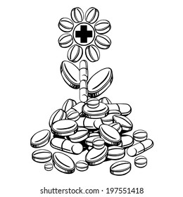 cartoon, hand drawn, vector, sketch, illustration of flower of medicines
