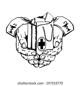 cartoon, hand drawn, vector, sketch, illustration of package with medicines in the hands