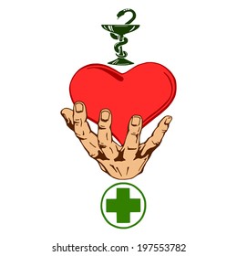 cartoon, hand drawn, vector, sketch, illustration of the heart in the hand