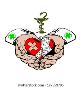 cartoon, hand drawn, vector, sketch, illustration of heart in the hands