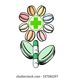 cartoon, hand drawn, vector, sketch, illustration of flower of medicines