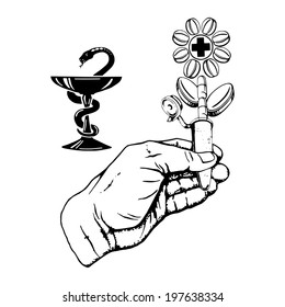 cartoon, hand drawn, vector, sketch, illustration of flower of medicines in hand and medical symbol