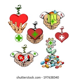 cartoon, hand drawn, vector, sketch, illustration of collection of images of drugs