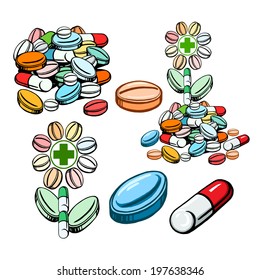 cartoon, hand drawn, vector, sketch, illustration of collection of images of drugs