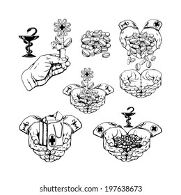 cartoon, hand drawn, vector, sketch, illustration of collection of medical symbols