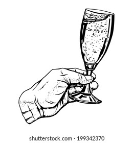 cartoon, hand drawn, vector, sketch, illustration of glass of champagne in hand