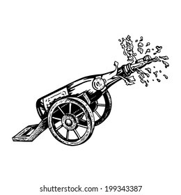 cartoon, hand drawn, vector, sketch, illustration of bottle of champagne