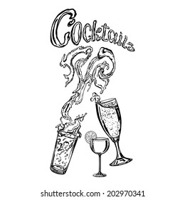 cartoon, hand drawn, vector, sketch, illustration of cocktail classic preparation