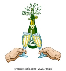 cartoon, hand drawn, vector, sketch, illustration of bottle of champagne and glasses of champagne in hands