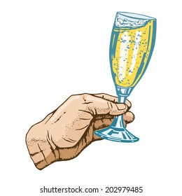cartoon, hand drawn, vector, sketch, illustration of glass of champagne in hand