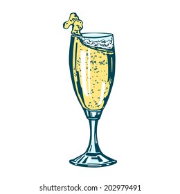 cartoon, hand drawn, vector, sketch, illustration of glass of champagne