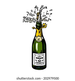 cartoon, hand drawn, vector, sketch, illustration of bottle of champagne
