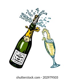 cartoon, hand drawn, vector, sketch, illustration of bottle of champagne and glass of champagne