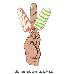 cartoon, hand drawn, vector, sketch, illustration of popsicles in hand