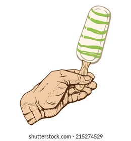 cartoon, hand drawn, vector, sketch, illustration of popsicles in hand