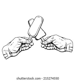 cartoon, hand drawn, vector, sketch, illustration of popsicles in hand