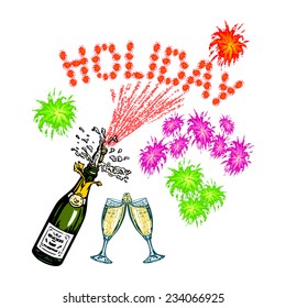 cartoon, hand drawn, vector, sketch, illustration of bottle of champagne and glass of champagne and holiday inscription-firework