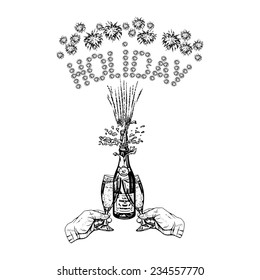 cartoon, hand drawn, vector, sketch, illustration of bottle of champagne, glasses of champagne in hands and holiday inscription-firework