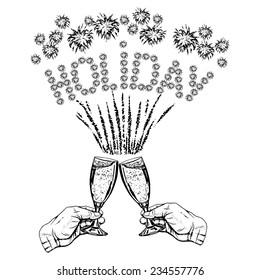 cartoon, hand drawn, vector, sketch, illustration of glasses of champagne in hands and holiday inscription-firework