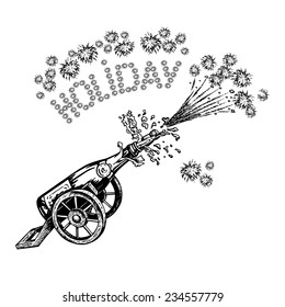 cartoon, hand drawn, vector, sketch, illustration of bottle of champagne and holiday inscription-firework
