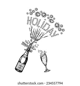 Cartoon, Hand Drawn, Vector, Sketch, Illustration Of Bottle Of Champagne And Glass Of Champagne And Holiday Inscription-firework 