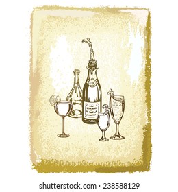 cartoon, hand drawn, vector, sketch, illustration of bottle of wine and glasses on a vintage background