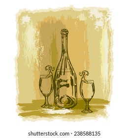 cartoon, hand drawn, vector, sketch, illustration of bottle of wine and glasses on a vintage background