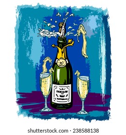 cartoon, hand drawn, vector, sketch, illustration of bottle of wine and glasses on a vintage background