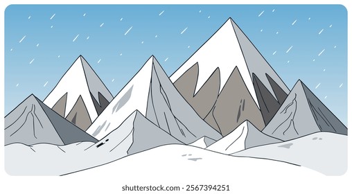 Cartoon hand drawn vector sketch of abstract snowy mountain landscape with snowcapped peaks and snowbound mount range silhouette. Flat graphic concept for winter nature scenery or mountaineering.