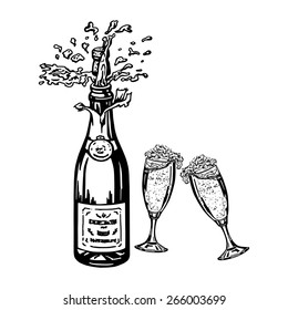 cartoon, hand drawn, vector, sketch, illustration of bottle of champagne and glasses of champagne